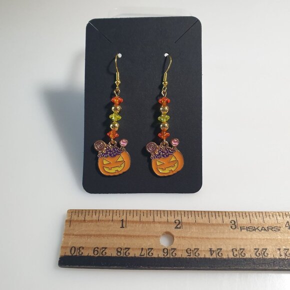 Jack O Lantern Halloween Drop Earrings Beaded Orange Purple Gold Accents Dangle - Picture 2 of 4
